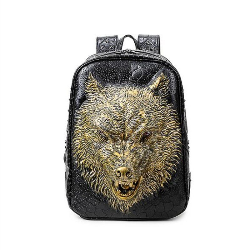Stilfulde rygsække 3d ulv hoved rygsæk specielle seje skuldertasker til teenagepiger pu læder laptop skoletasker: Guld
