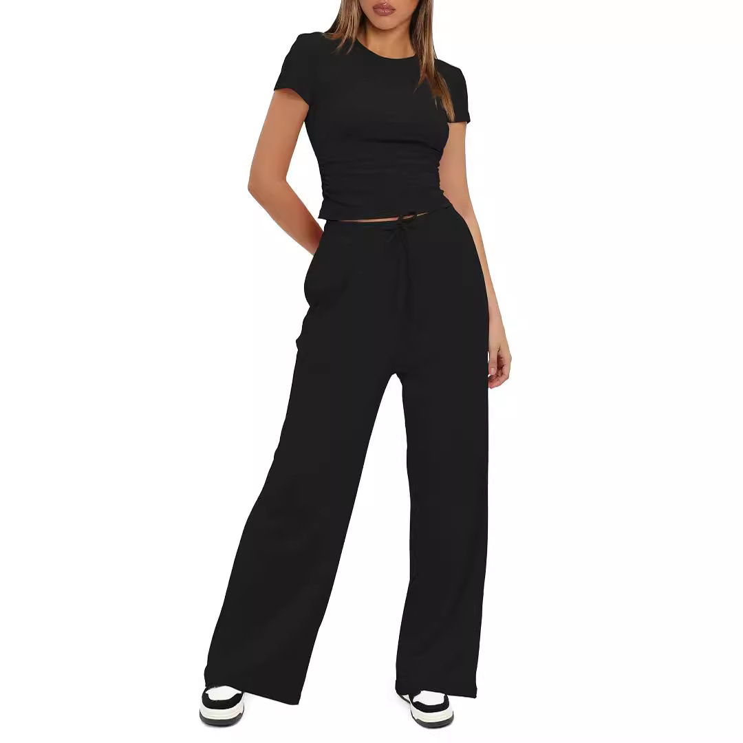 Conjunto de dos piezas para mujer, camiseta y pantalones de pierna ancha, manga corta, cintura alta, sólido, multicolor, deportivo, Yoga, chándal informal