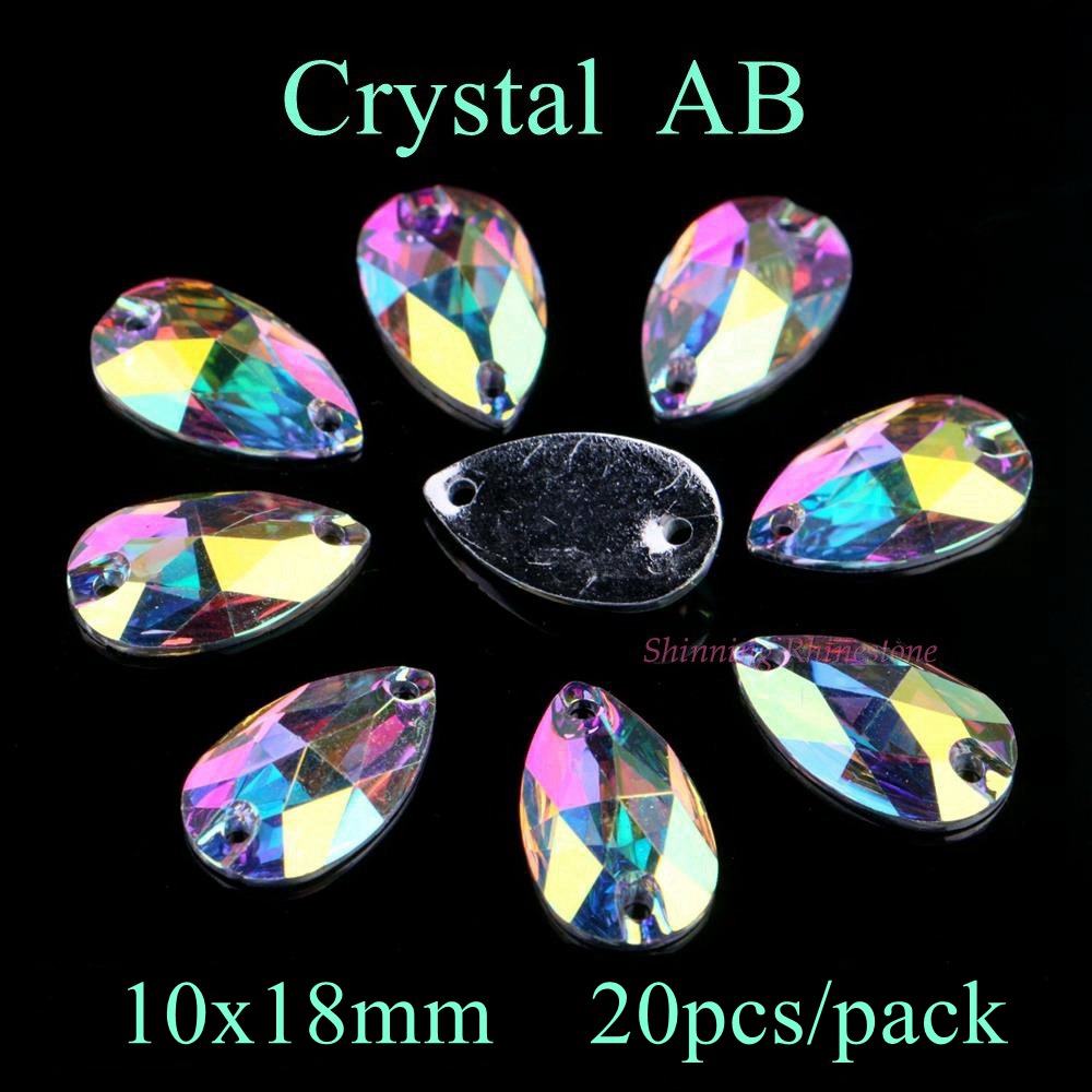 Teardrop Vorm Drie Size Crystal AB/Transparant AB Kleur Sew On Resin Rhinestones Met Twee Gaten Flatback Stones: Crystal AB 10x18mm