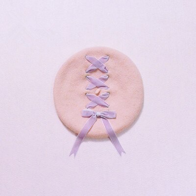 Naiset suloiset söpöt baretit naisten hatut pehmeä macaron väri nauha villainen lolita baretti vintage pehmeät olkaimet ristijousi tyttöjen baretit: Vaaleanpunainen