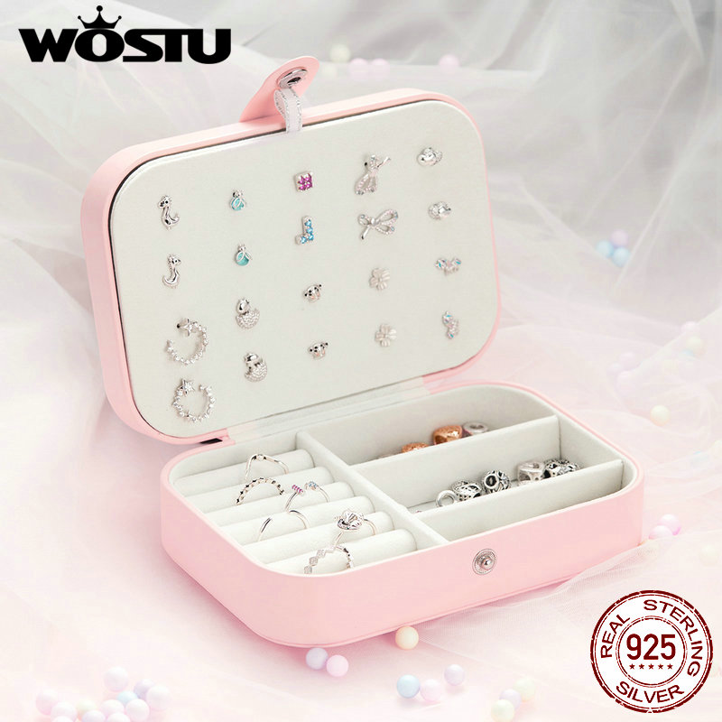 Caja de joyería Wostu, joyero de cuero PU multifunción rosa, caja de almacenamiento, anillo, estuche de exposición, caja de almacenamiento para mujer, caja FH0065