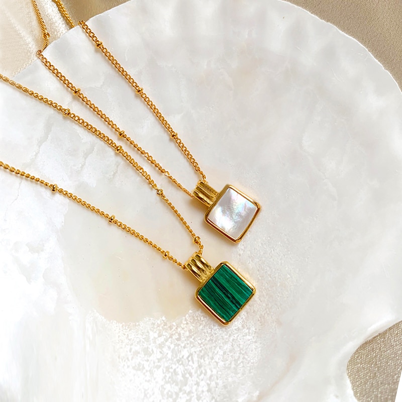 Vintage Piazza Verde Malachite Pietra Pendente Della Collana D'avanguardia Barocco Minimalista Corta Clavicola Per Le Donne Dei Monili di Alta Qualità