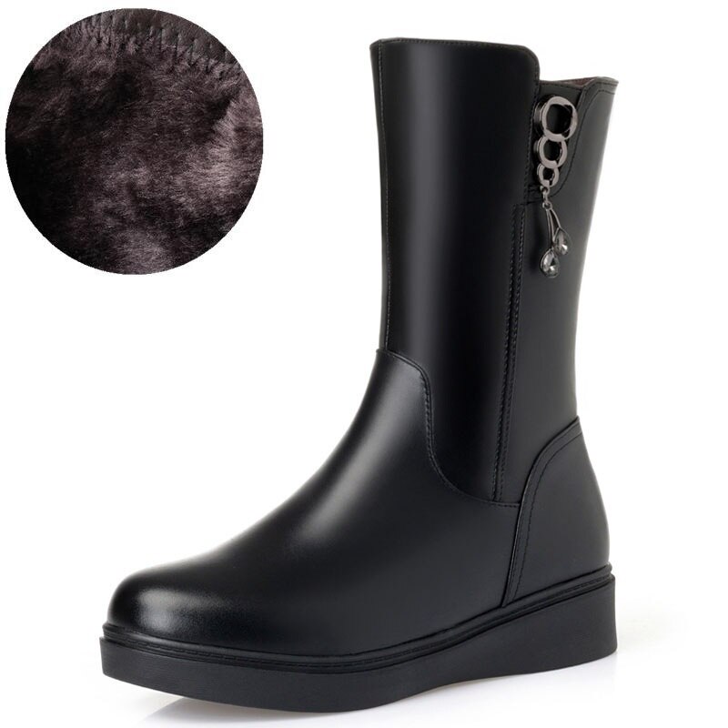 Drkanol isot kokoa 35-43 naisten lumikengät talvisaappaat paksut villaiset lämpimät puolivälissä säärellä varustetut pehmeät nahkaiset matalat kiilakorkoiset puuvillakengät: Keinotekoinen pehmo / 10.5