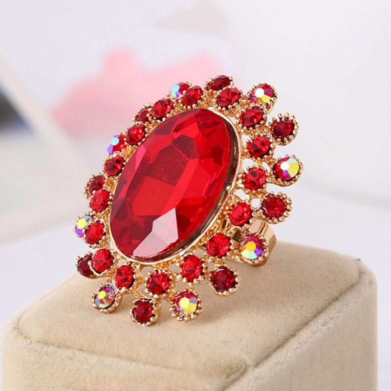 Retro Charm Oval Grote Kristallen Ring Overdreven Chunky Rhinestone Verstelbare Grote Trouwringen Luxe Glas Statement Sieraden: Rood