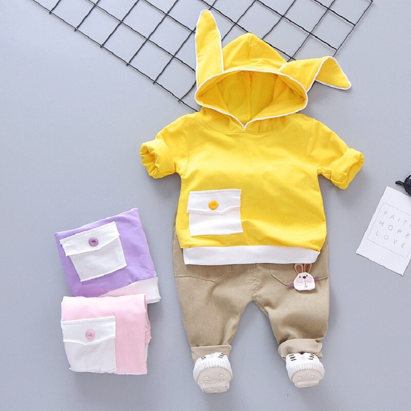 Katoenen Baby Kleding Pak Kinderen Pak Baby Jongen Meisje 2 Stuks Oor Konijn Kinderen Hooded Lange Mouwen Cartoon Pak baby Pak: yellow / 12m