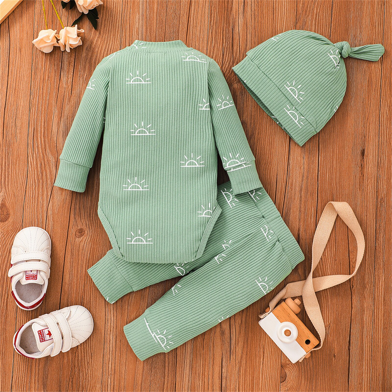 PatPat 3-piece Baby Boy Sun Print Button Ribbed Long-sleeve Romper, Elasticized Pants and Cap Set