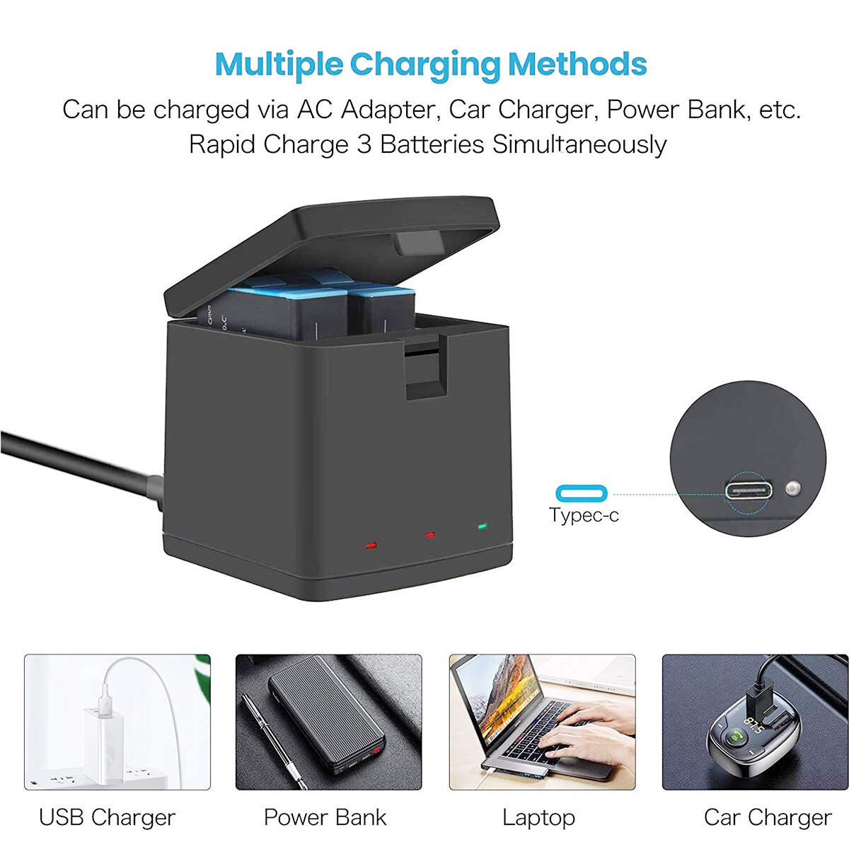 2000 mah batterier til gopro hero 9/10 batteri ,3- kanals usb oplader (fuldt kompatibel med officielt gopro 9 10 tilbehør)