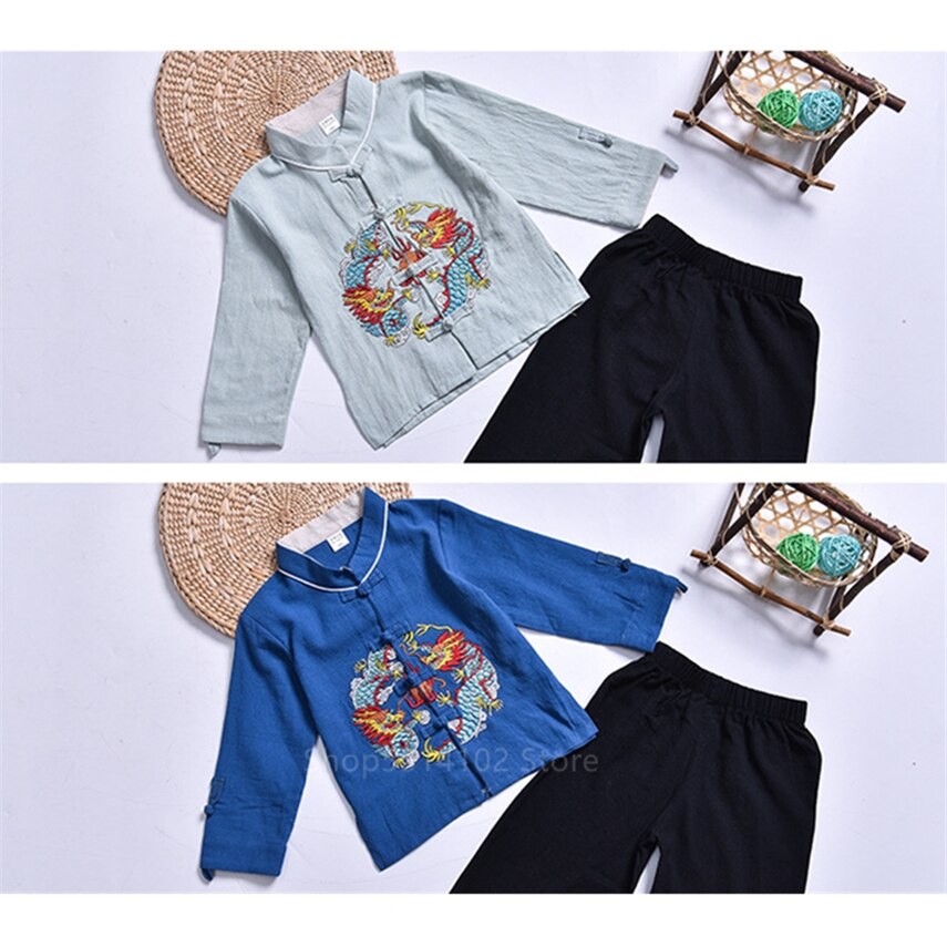 Chinese traditionele hanfu draak borduurwerk kinderen tang pak blouse jongen kungfu kleding meisje chinese top broek kind vintage feest