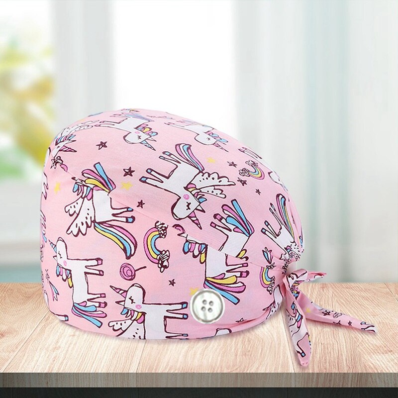 Flower Scrub Cap Pattern Nursing Work Hat Veterinarian Women Men Cotton Tie Back Washable SPA Beautician Chef Skull Cap