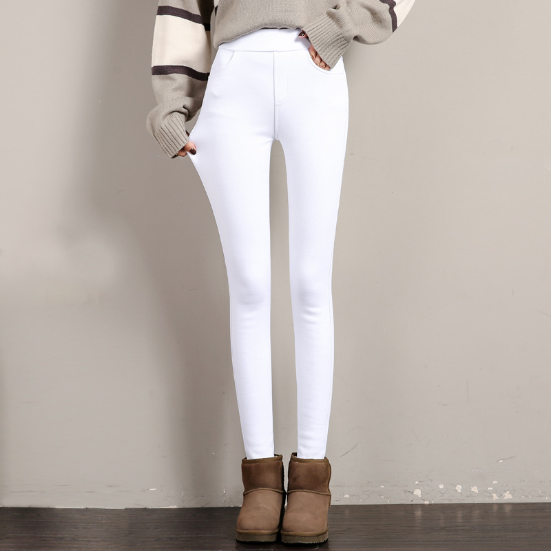 Vinter varme leggings kvinders fløjl tykke slanke bukser dame casual solid elastisk stretch skinny pencil pant hvid sort