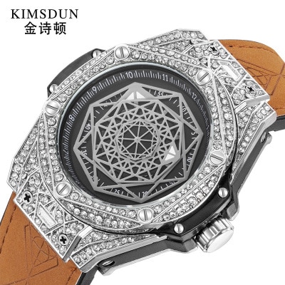 Kimsdun Luxe Diamant Horloge Voor Mannen Hip Hop Iced Out Horloge Mannen Quartz Horloges Rvs Dial Leather Horloge man