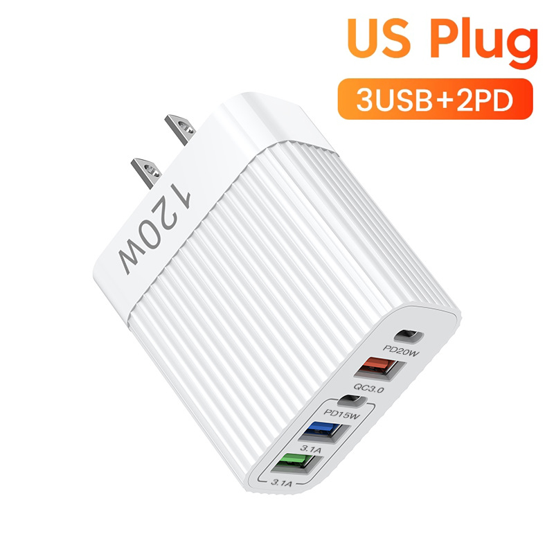 PD 120W GaN Cargador rápido 3,0 EE. UU. UE enchufe viaje portátil 5 puertos USB tipo C carga rápida adecuado para Android Ios iPhone Xiaomi: DE