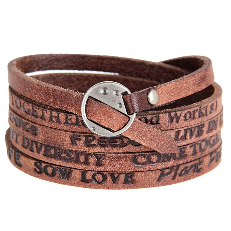the Bracelet Embossed English Letters Leather Retro Old Multi-Turn