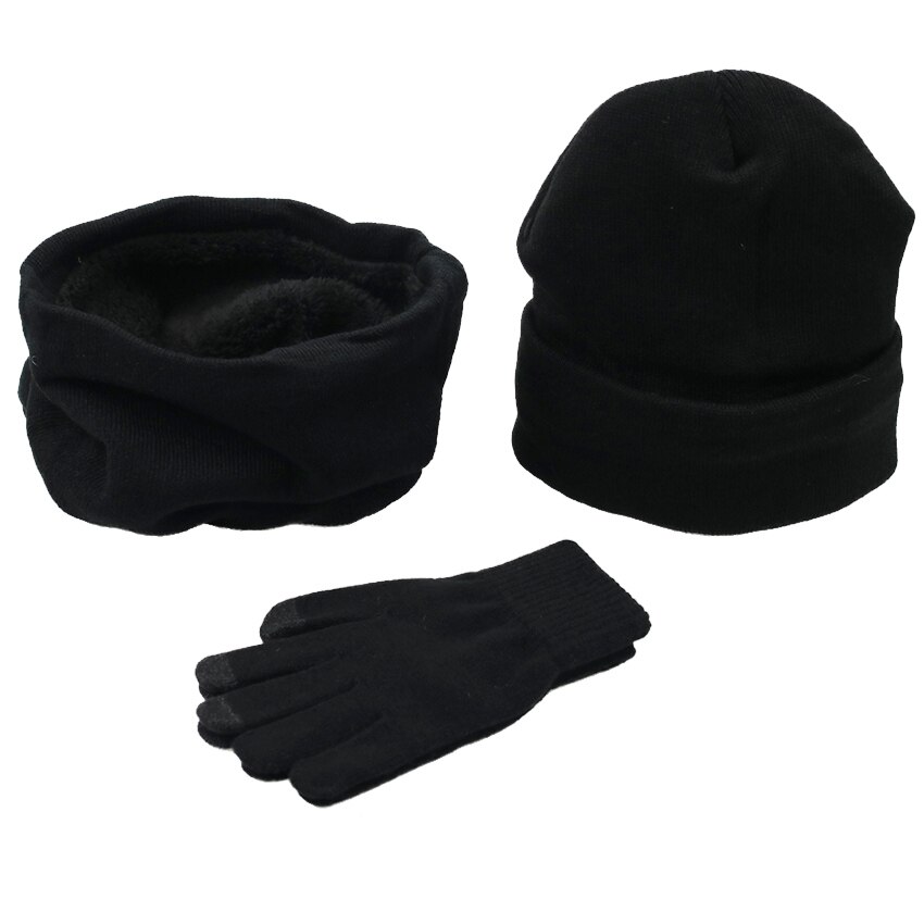 3 Pieces/Set Winter Women Hats Scarves Gloves Kit Knitted Plus Velvet Hat Scarf Set For Male Female Beanies Scarf Gloves: Black