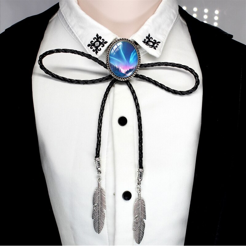 BOLO-00168 nuovo arrivo Polar Light Galaxy Nebula ovale in vetro Cabochon Western Bolo Tie Neck cravatte collana a catena in pelle: 3-3