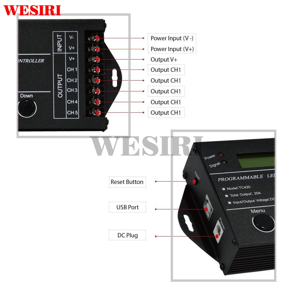 WESIRI TC420 Time Programable RGB LED Controller Dimmer DC12V/24V 5 Channel Total Output 20A Common Anode for RGB LED Lights