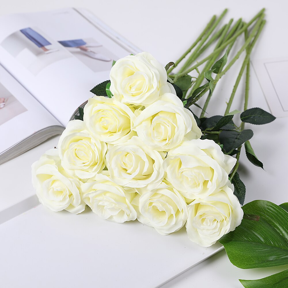 10 pc/ set 50 cm champagne ros blommor bunt röda rosor konstgjord blombukett bröllop bord dekor heminredning: Vit 3