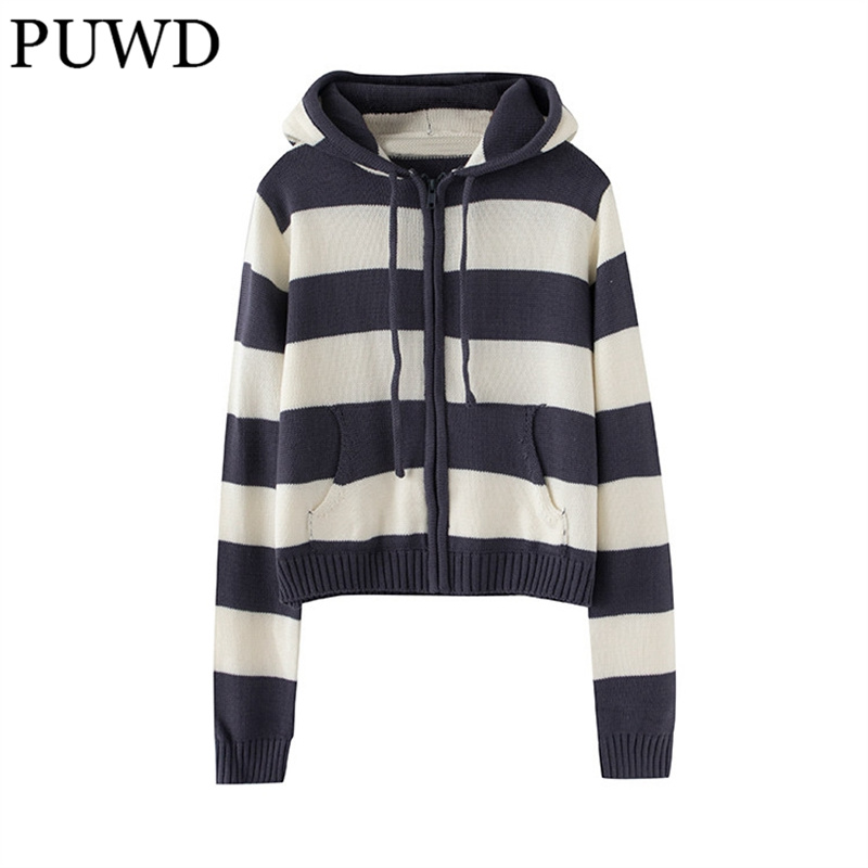 PUWD-Cardigan casual listrado com capuz para mulheres, senhoras malhas de bolso, meninas chique outwear top, moda outono, 2022