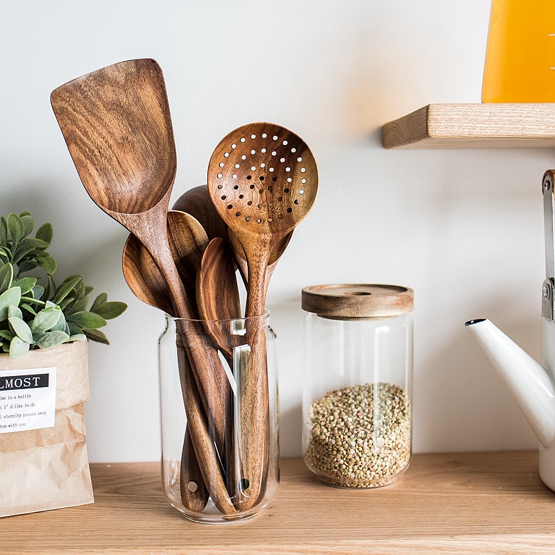 Tailândia teca de madeira natural utensílios de mesa colher colher turner longo arroz escorredor sopa skimmer cozinhar colheres colher cozinha conjunto de ferramentas