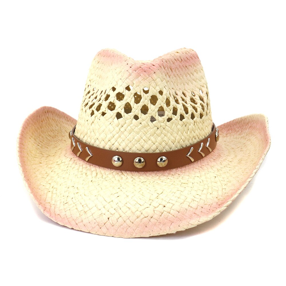 Hoaree cowboy chapéus estilo ocidental verão chapéu de palha artesanal tricô aba larga panamá rosa roxo preto cáqui chapéu de sol: Rosa