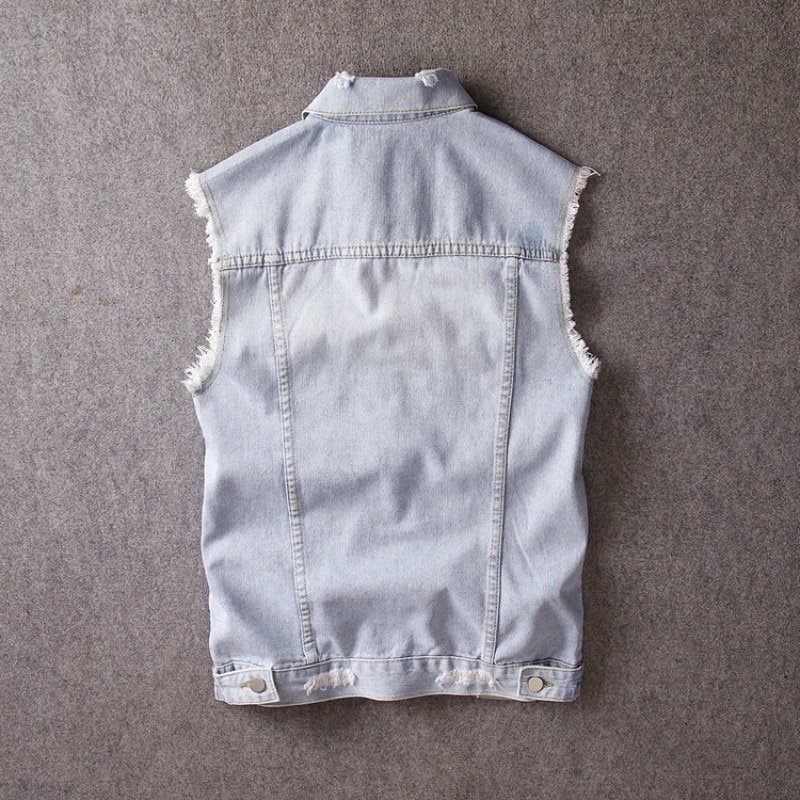 Primavera otoño agujero rasgado claro azul chalecos para hombres Punk coreano solo pecho ajustado chaleco sin mangas masculino de talla grande