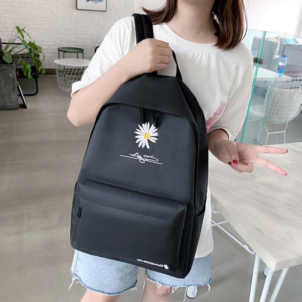 Canvas Women Backpack Shoulder Bag Daisy Flower Embroidery School Bag