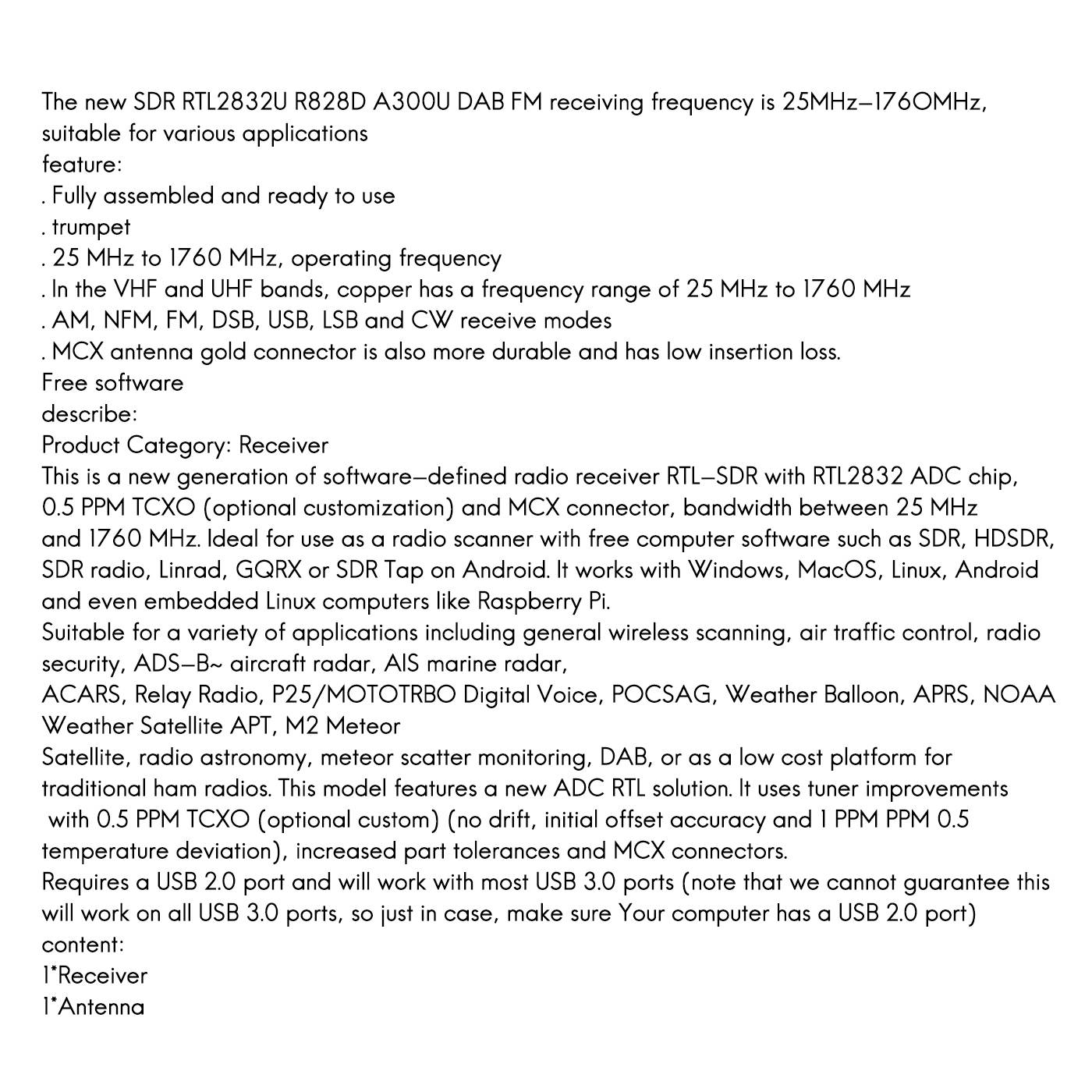 AB25 25 MHz -1760 MHz Receiver for SDR RTL2832U R828D A300U DAB FM