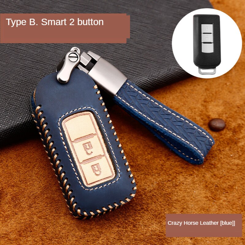 Leather car key case cover keychain For Mitsubishi Outlander Lancer 10 Pajero Sport EX ASX L200 Auto Bag: B blue