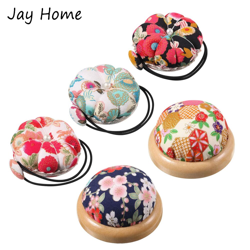 1PC Sewing Pin Cushion Wearable Wrist Pincushions Cute Floral Wooden Base Needle Pin Cushions Holder for Needlework Craft
