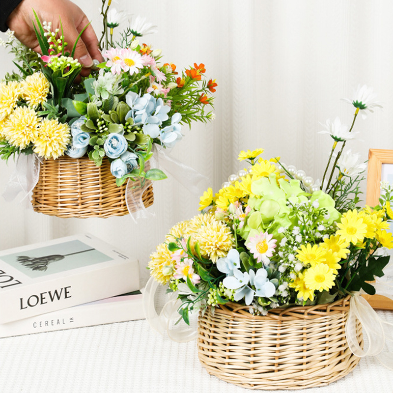 Cesta tejida de ratán de sauce, cesta de flores de mimbre con mango de perla y lazo, cesta de Picnic, arreglo floral, decoración de bodas