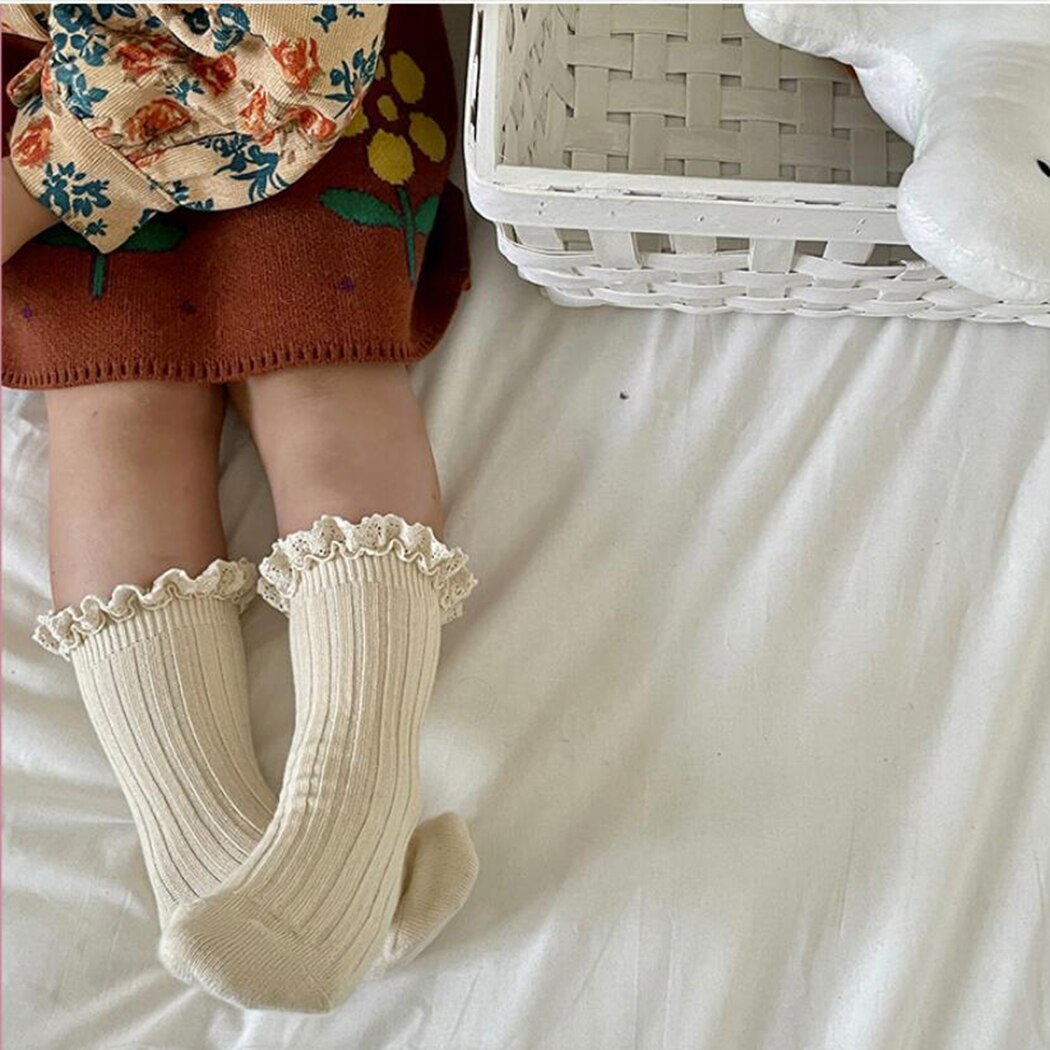 3 Paren/partij Kids Herfst Sokken Vintage Katoen Geribbelde Knie Hoge Lange Kant Sokken Voor Meisjes Kleding Lente Kinderen Been Warmer warm