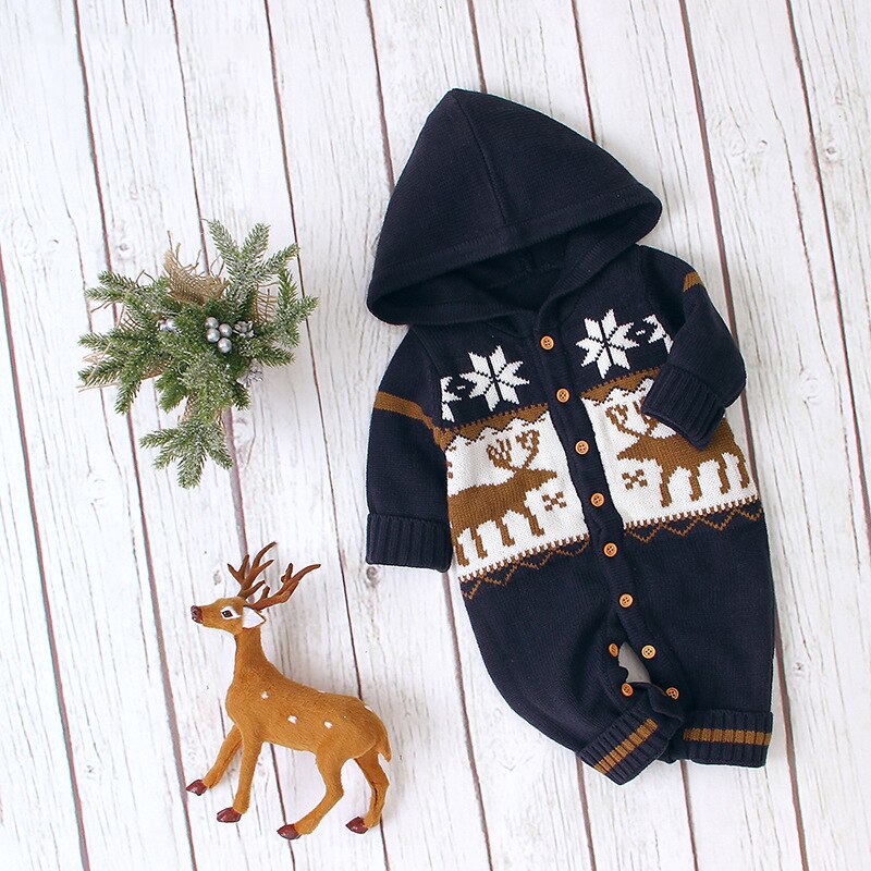 0-24M Christmas Newborn Kid Baby Boy Girl Clothes Winter Warm Knitted Sweater Long Sleeve Hooded Elk Romper Cute Xmas Outfit: Blue / 3M