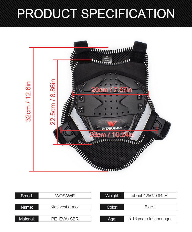 WOSAWE Kids Full Chest Body Armor Vest Spine Protective Gear Bicycle Skateboard Chest Armor Sport Bike Kid Protcetive Gear