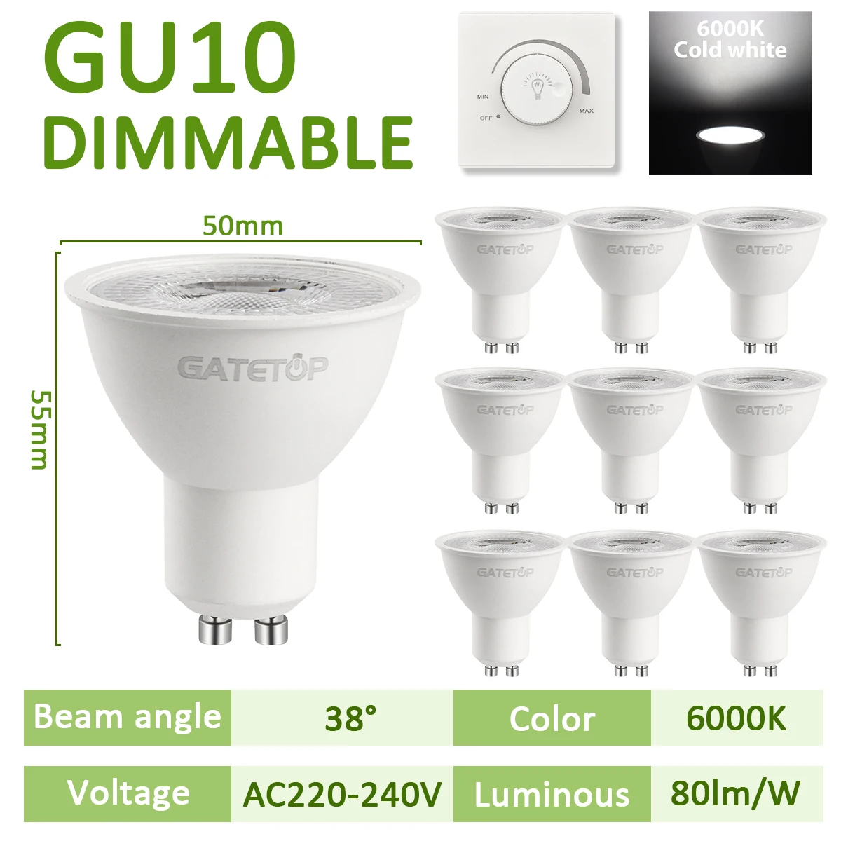 10 Stück LED-Strahler GU10 Glühbirne dimmbar 220 V 3000 K 4000 K 6000 K 50 W Halogen-Ersatz für Landschaftsschienenbeleuchtung: green / 3w