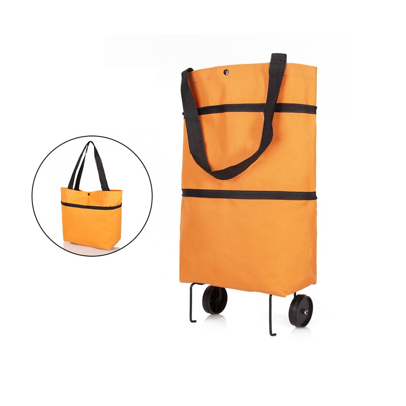Foldable Shopping Trolley Cart Foldable Reusable Eco Large Waterproof Bag Luggage Wheels Basket bags: With wheels orange