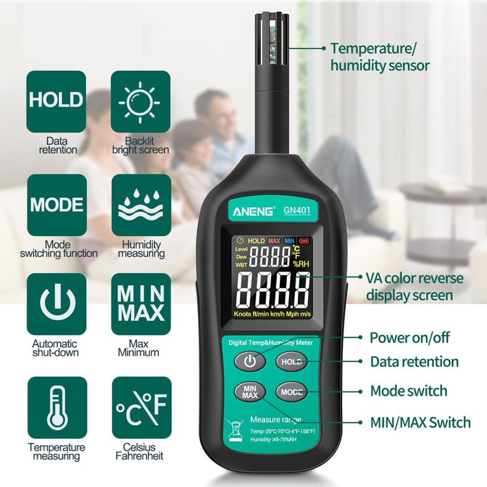 GN401 Mini Temperature Humidity Meter Handheld No Contact Precision Digital Air Thermometer Hygrometer Gauge Tester