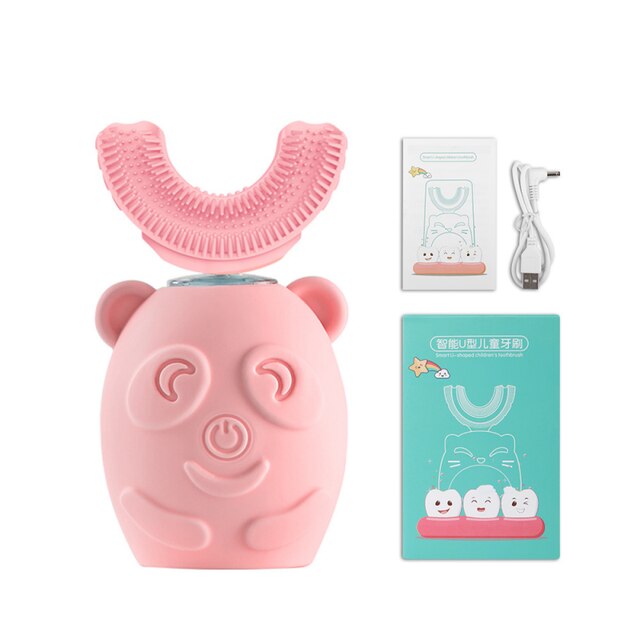 Brosse à dents électrique ultrasonique automatique en silicone, 360, pour enfants, brosse à dents en forme de U, intelligente, mignonne, dessin animé: A-pink 1-7Y