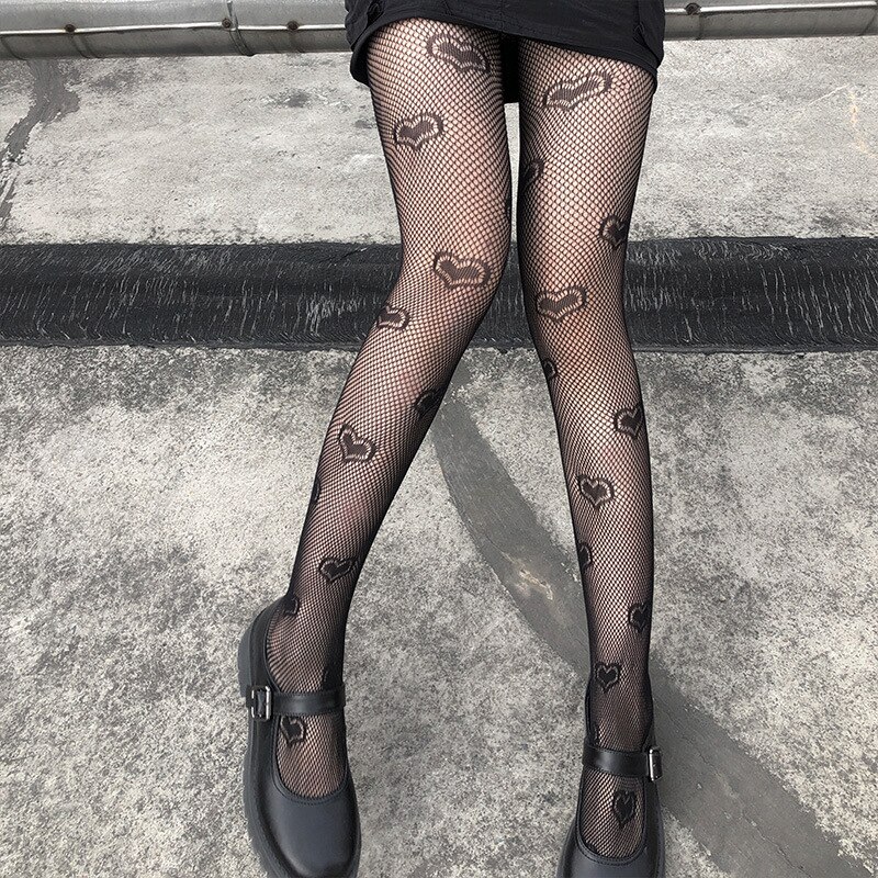 Women Fishnet Heart Pringting Tights Transparent Black Logo Tights Hollow out Moon print Pantyhose Thin Stockings