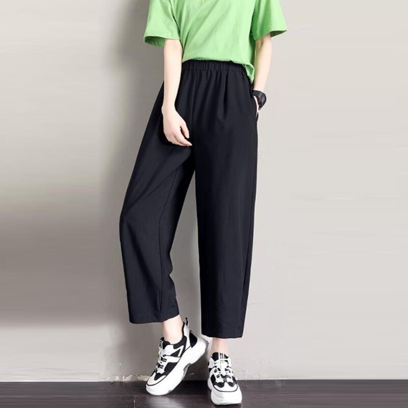 Women Sleep Bottoms Home Pants Ankle-length Loose Black Straight Trousers Thin Oversize Loose Casual Student Outwear