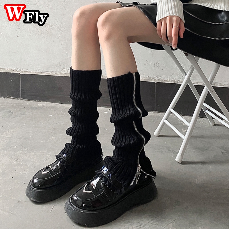 Jambières gothiques Lolita avec fermeture éclair, couvre-pieds Harajuku, bas en tricot pour femmes et filles, couvre-pieds chauds d&#39;hiver: black