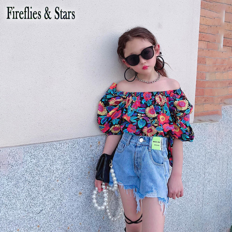 Blusa de verano para niñas, Camisa larga para bebés, vestido para niños, ropa con estampado Floral para el sol, sin hombros, manga abombada de 1 a 7 años