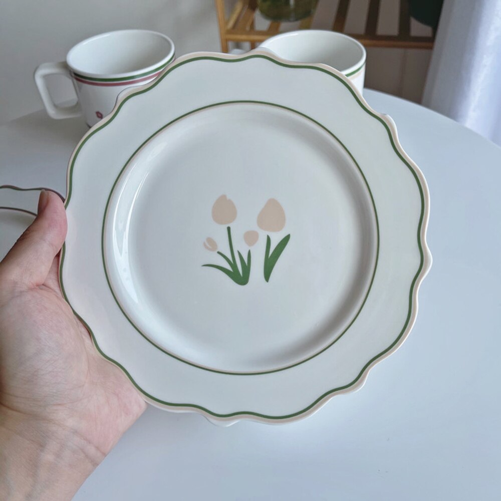 Nordic Ins Ronde Keramische Salade Platen Vintage Tulip Plaat Bloem Dessert Fruit Servies Bruiloft Plaat Staat Voor Broodjes Schotel: D