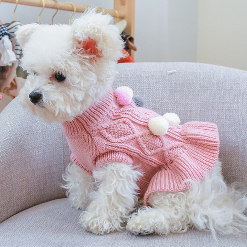Ropa cálida para perro, suéter para mascotas, vestido de cuello alto, suéteres para cachorros, Falda de punto con pompón, ropa de invierno para mascotas pequeñas
