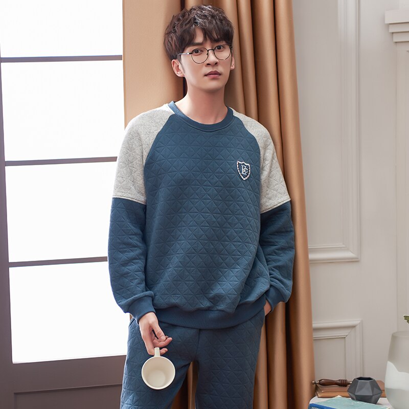 Winter Dicke Warme Blau Stepp Schlafanzug setzt für Männer Langarm Luft baumwolle Zwischenschicht Nachtwäsche Loungewear Homewear Hause Kleidung