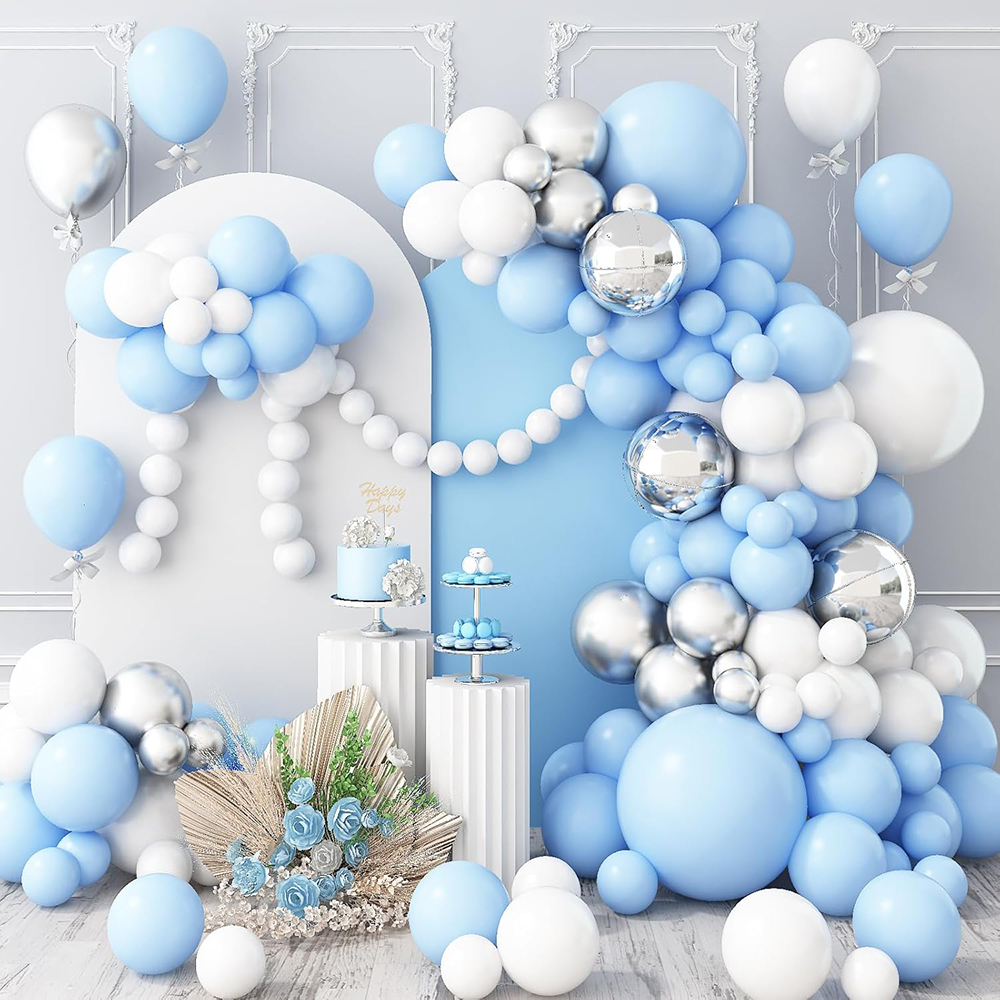Babyblå ballongbue pastellblå hvite sølvballonger krans konfirmasjon barnebursdagsfest kjønnsavsløringe bryllupsdekorasjon