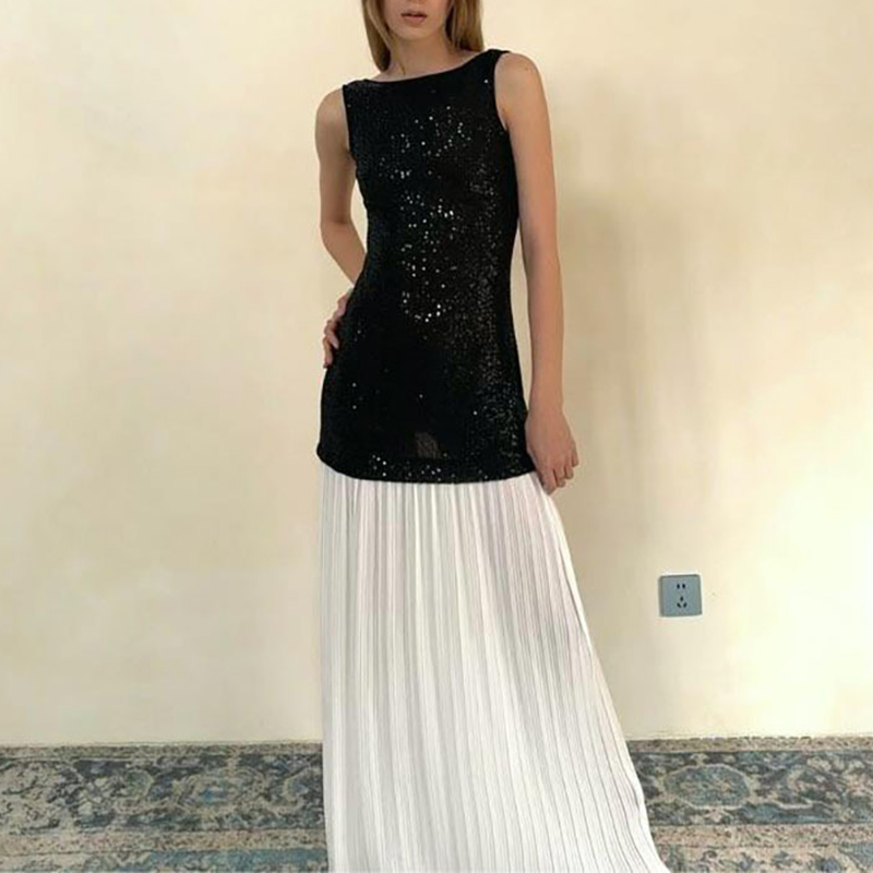 Round Neck Patchwork Strapless Mini Dress Women Backless Sleeveless Slim Pleated Dresses 2024 Fashion Lady Party Prom Vestidos main image 0