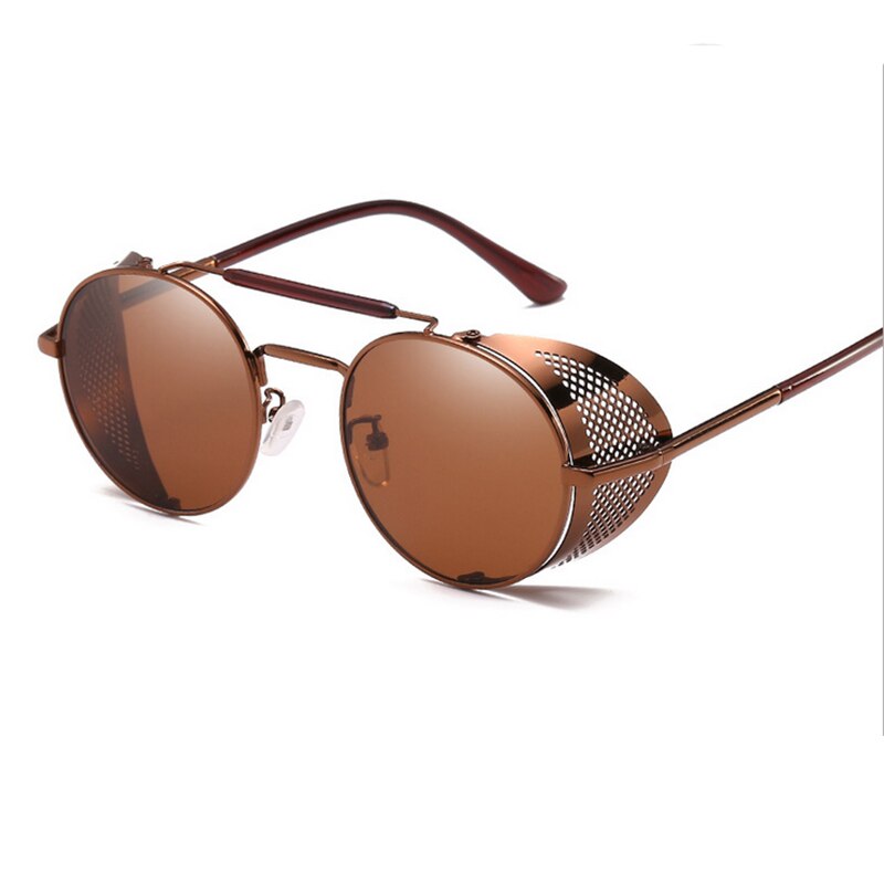 Retro Round Steampunk Sunglasses Men Women Side Shield Goggles Metal Frame Gothic Mirror Lens Sun Glasses: TEA TEA