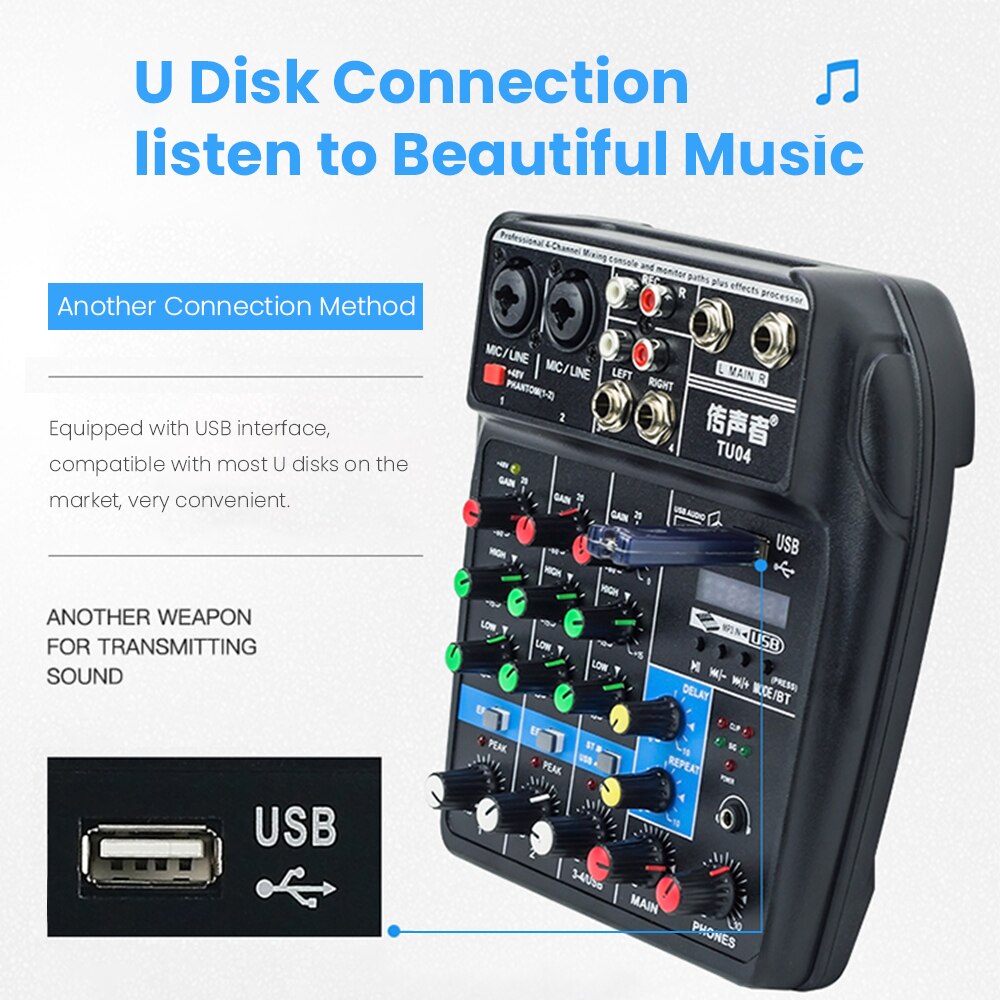 Bluetooth 4 Kanalen Usb Audio Mixer Sound Mixing Console Voice Record Computer Afspelen 48V Phantom Power Vertraging Repaeat Effect