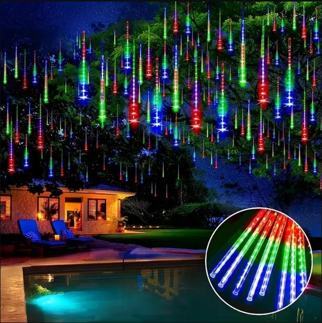 Luces de lluvia de meteoritos, cadena de luz LED impermeable, cielo estrellado, calle, Navidad, patio, jardín, decoración colgante de árbol: RGB / Enchufe estadounidense