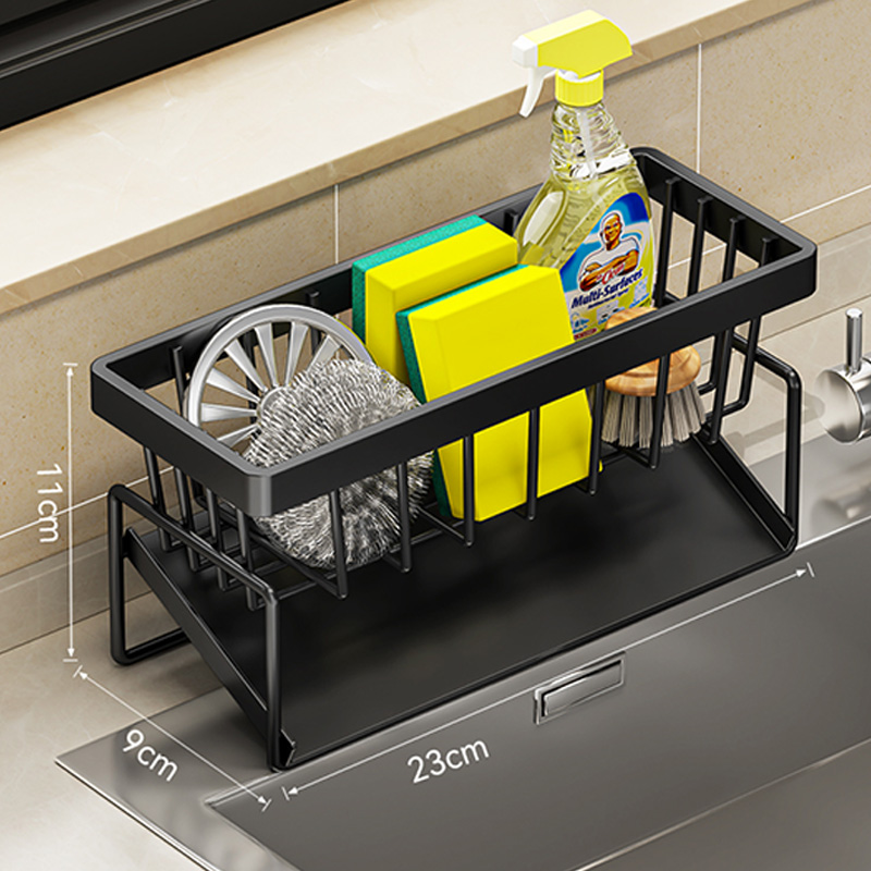 Estante de almacenamiento de Herramientas de limpieza de fregadero, escurridor multifuncional de cocina para esponja limpiadora, organizador, colgador de trapo: Negro